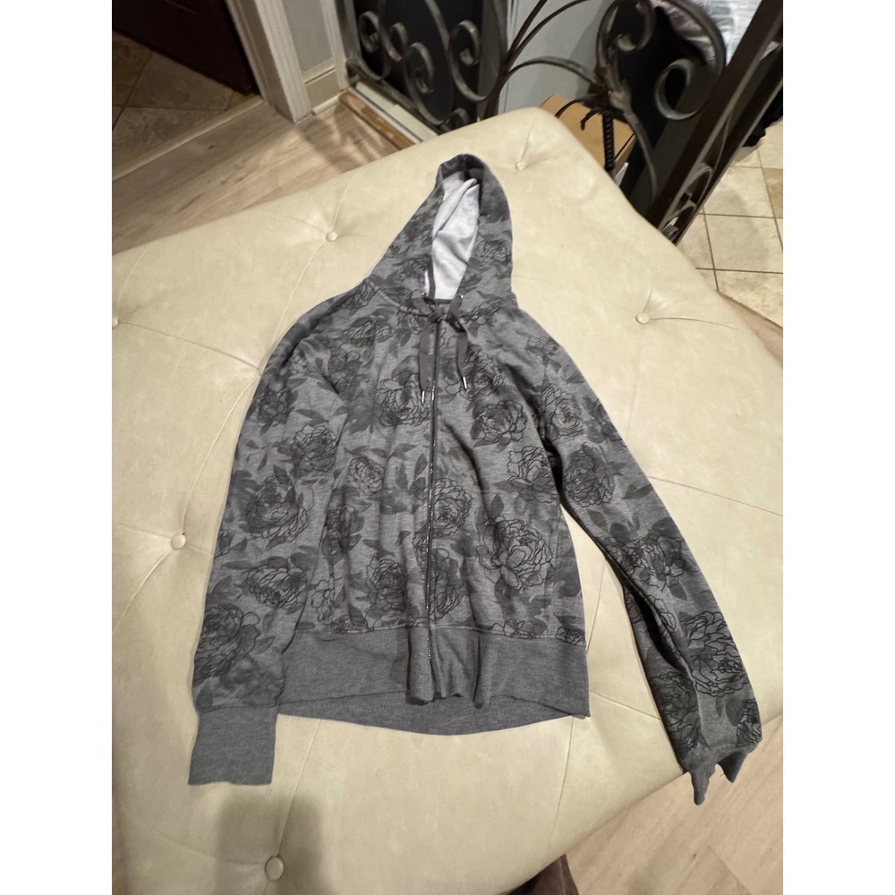 Eddie Bauer Womens Gray Floral Full Zip Hoodie Sweatshirt Size M Heathered